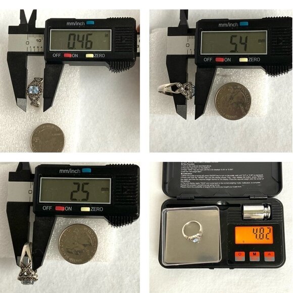 Sterling Silver 925 Oval Blue Topaz & Marcasite Floral Split Shank Ring Sz 7.5 - Picture 10 of 16